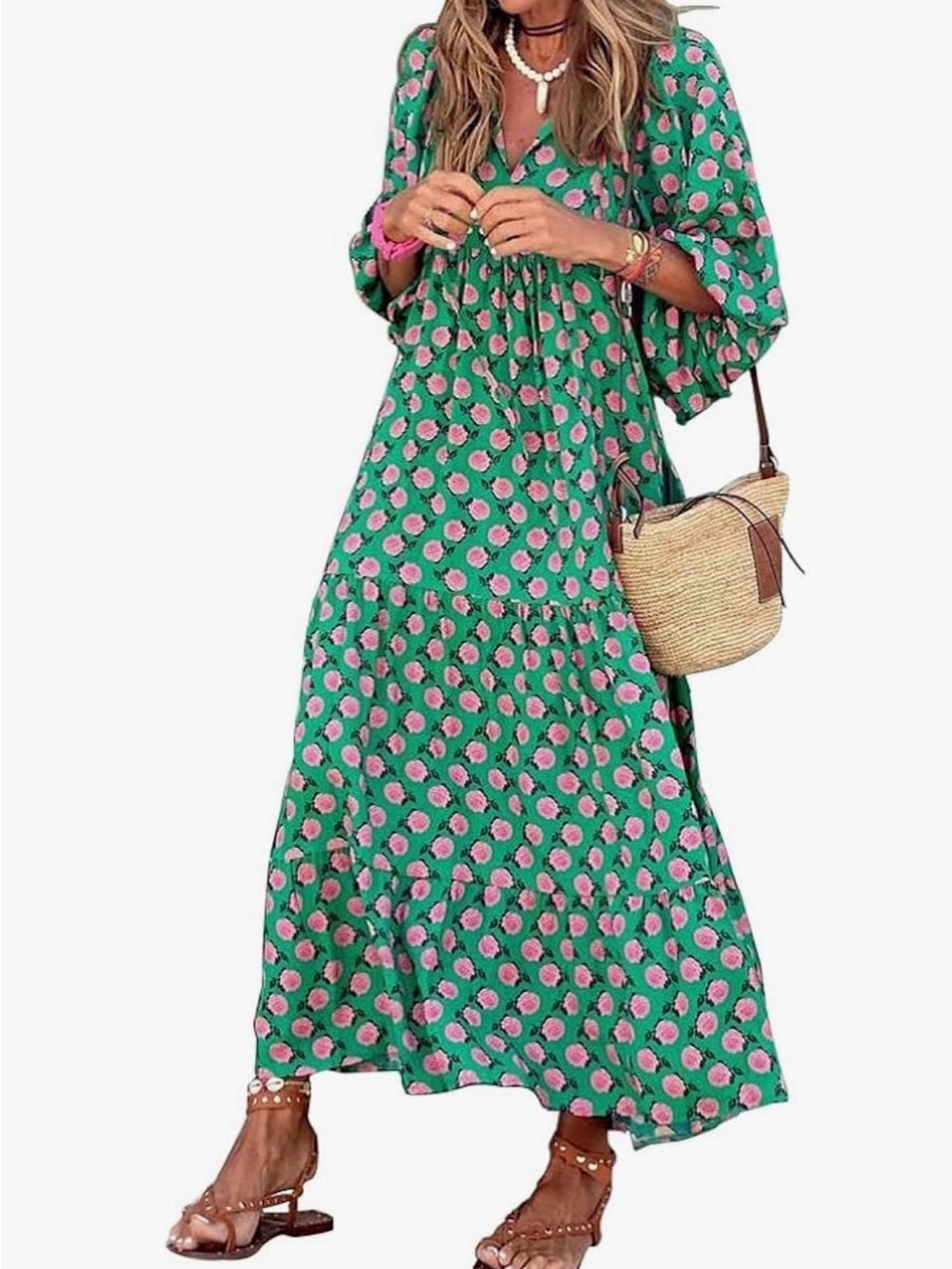 Green Floral V-Neck Maxi Dress